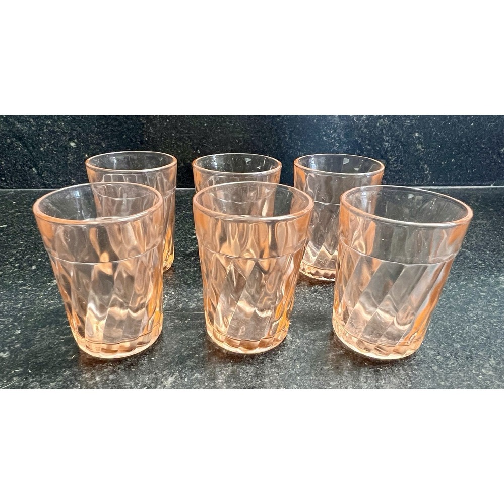 Vtg Pink Pressed Glass Juice Glasses – Set of 6 – Swirl Faceted‎ Pattern – 2.25"